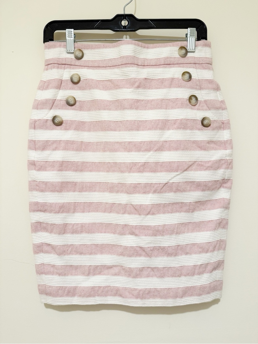 LOFT Pink and White Striped Pencil Skirt with Button Detail